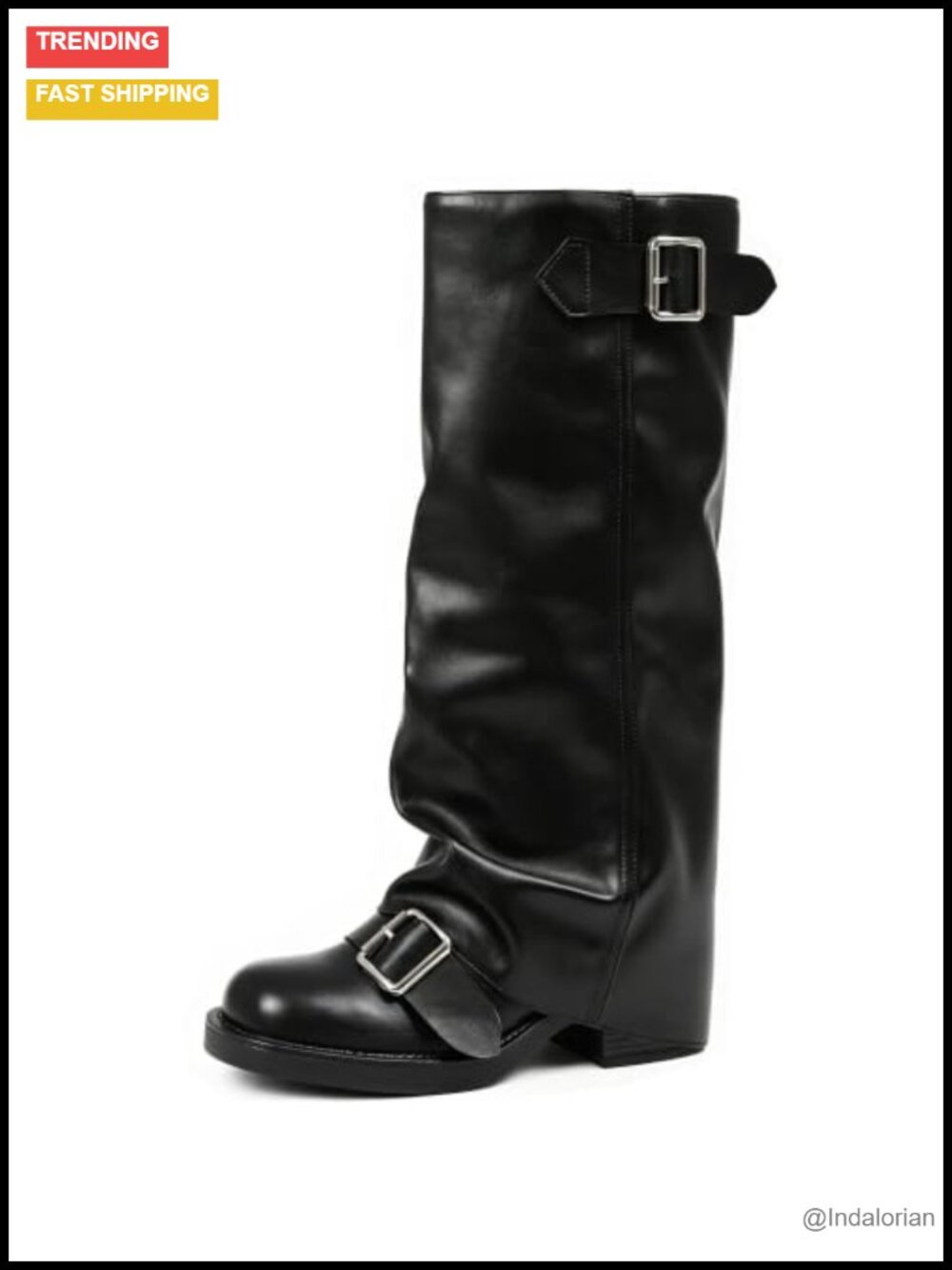 Slouchy Fold Over Knee High Boots Pull On Block Heel Round Toe